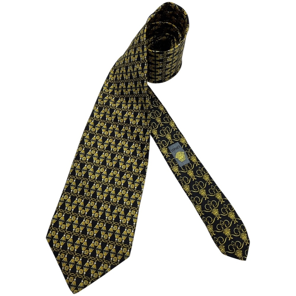 GIANNI VERSACE Black/Gold Geometric Art Silk LUXURY Tie ITALY